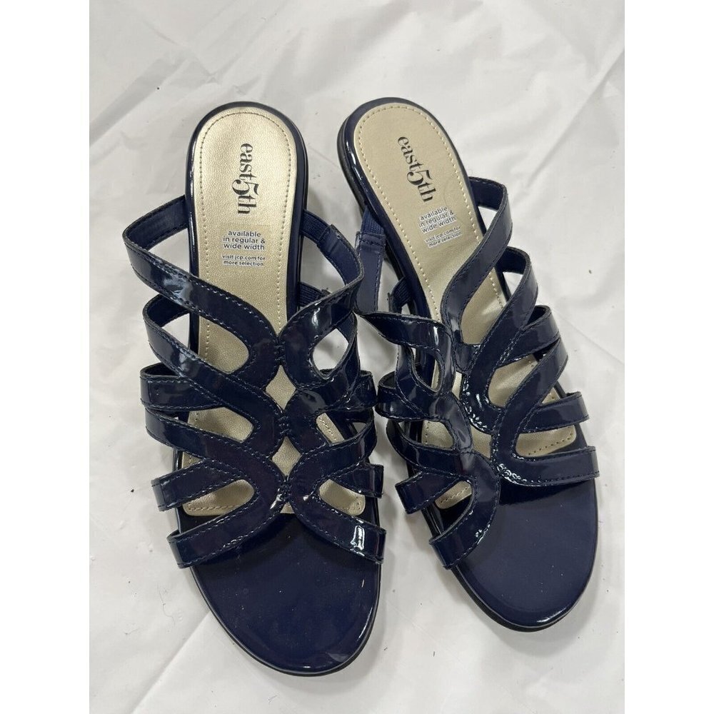 East 5th EF Eris Blue Patent Leather Slip On Open Toe Sandals Shoes size 9